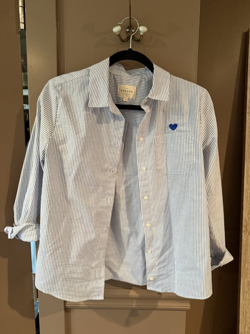 Sezane Blue Striped Button Down Shirt Heart Embroidery 36